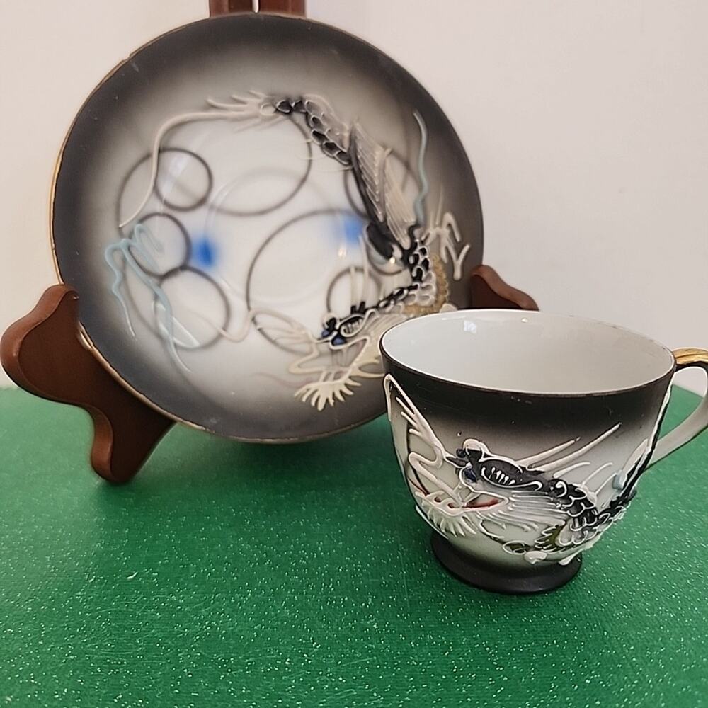 Vtg Black Blue Dragonware Moriage Demitasse Hand Painted Cup & Saucer Japan Read